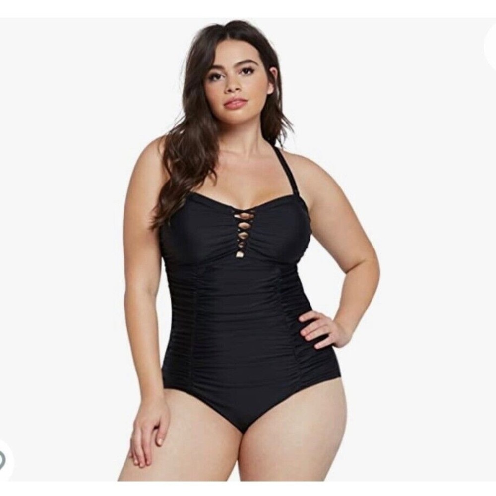 TORRID Slim Fix Black Lattice Ruched Slimming Adjustable One Piece Swimsuit